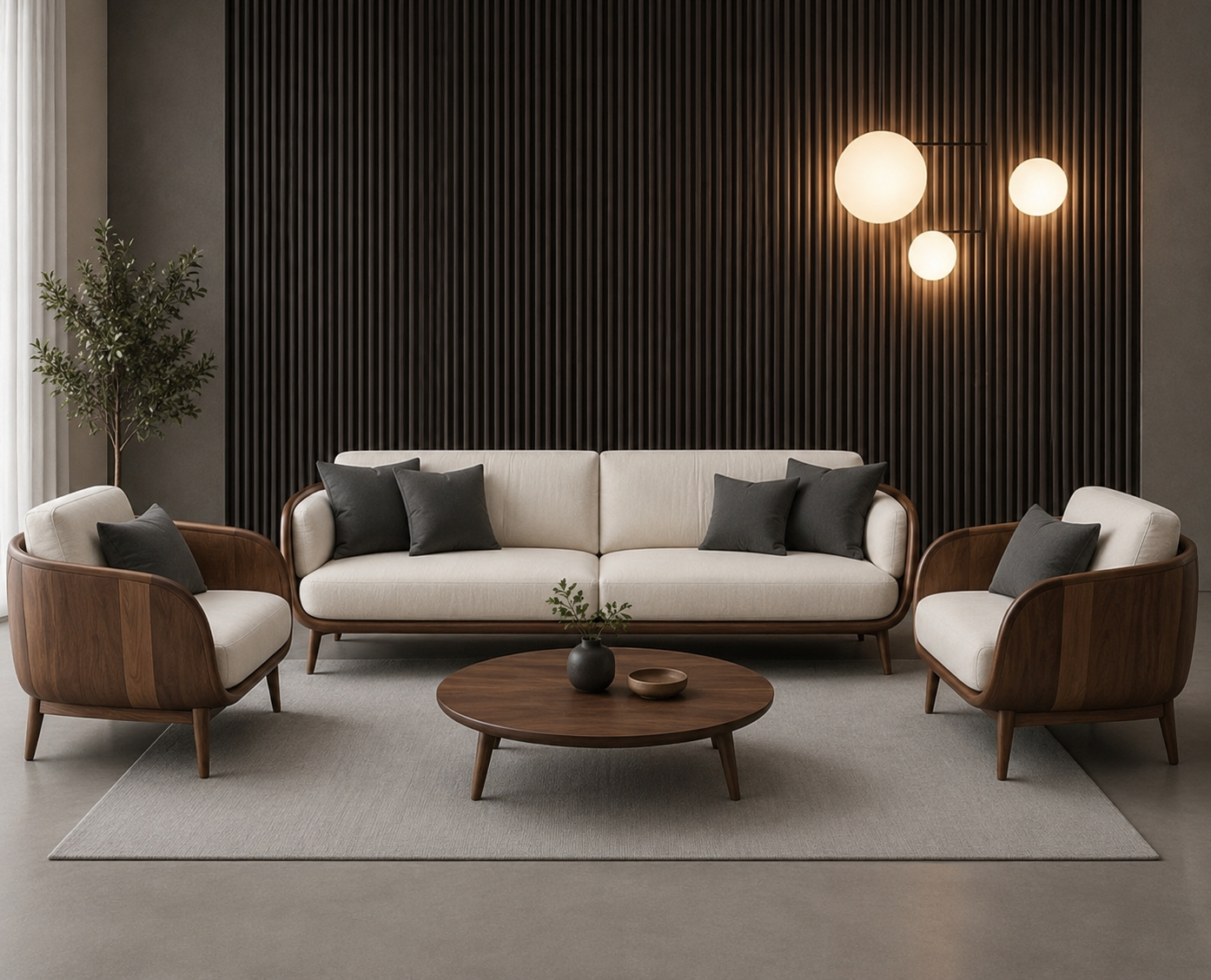 Modern Walnut Wood Sofa Set 