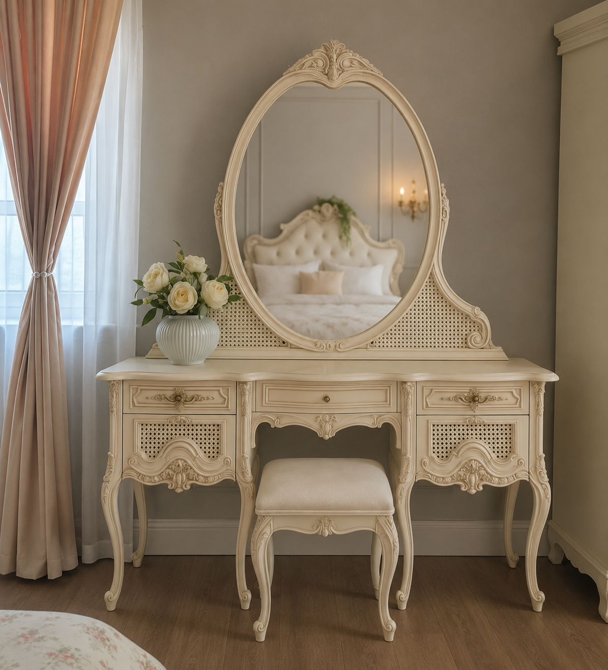 Modern Ivory Elegance Dressing Table with Oval Mirror