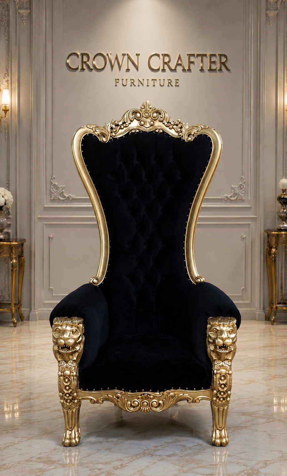 Royal Lion Throne Chair – Luxury Hand-Carved Teakwood Accent Chair