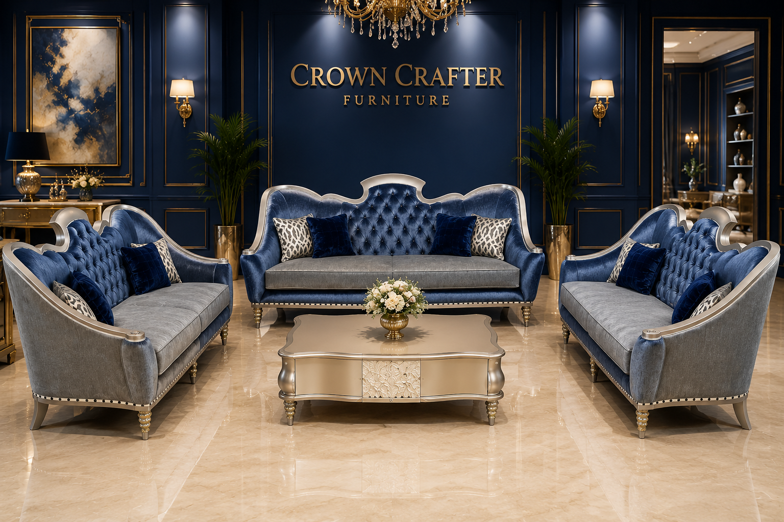 Royal Blue Velvet Luxury Sofa Set with Silver Finish