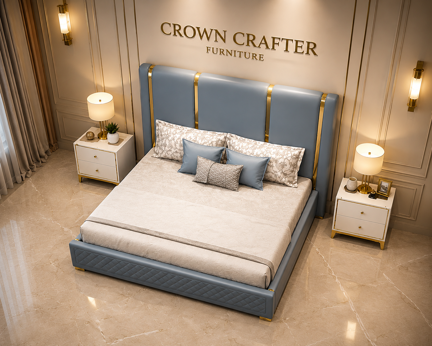  Modern Upholstered Bed with Gold Accents