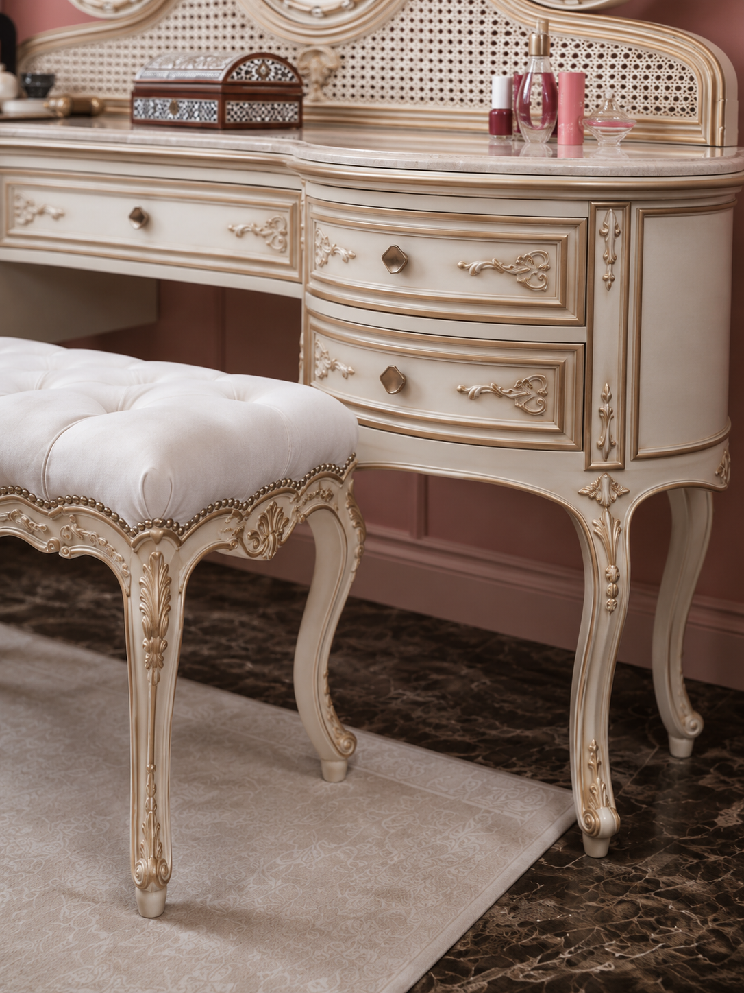 Modern Cane Dressing Table with Triple Oval Mirror
