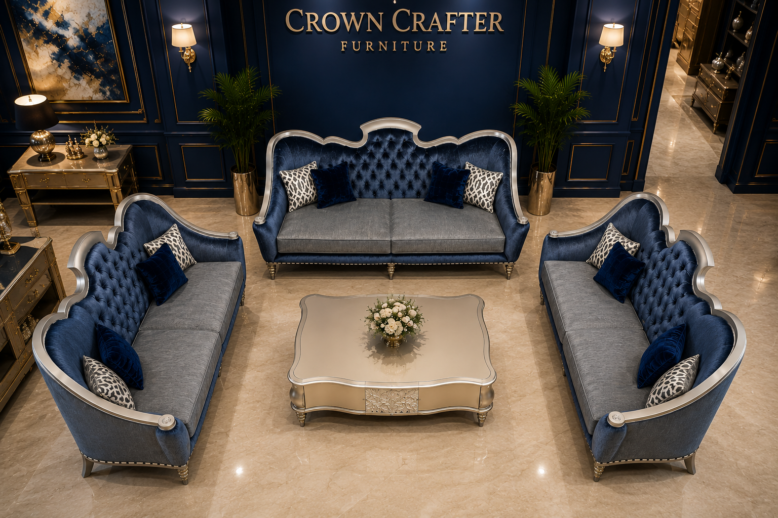 Royal Blue Velvet Luxury Sofa Set with Silver Finish
