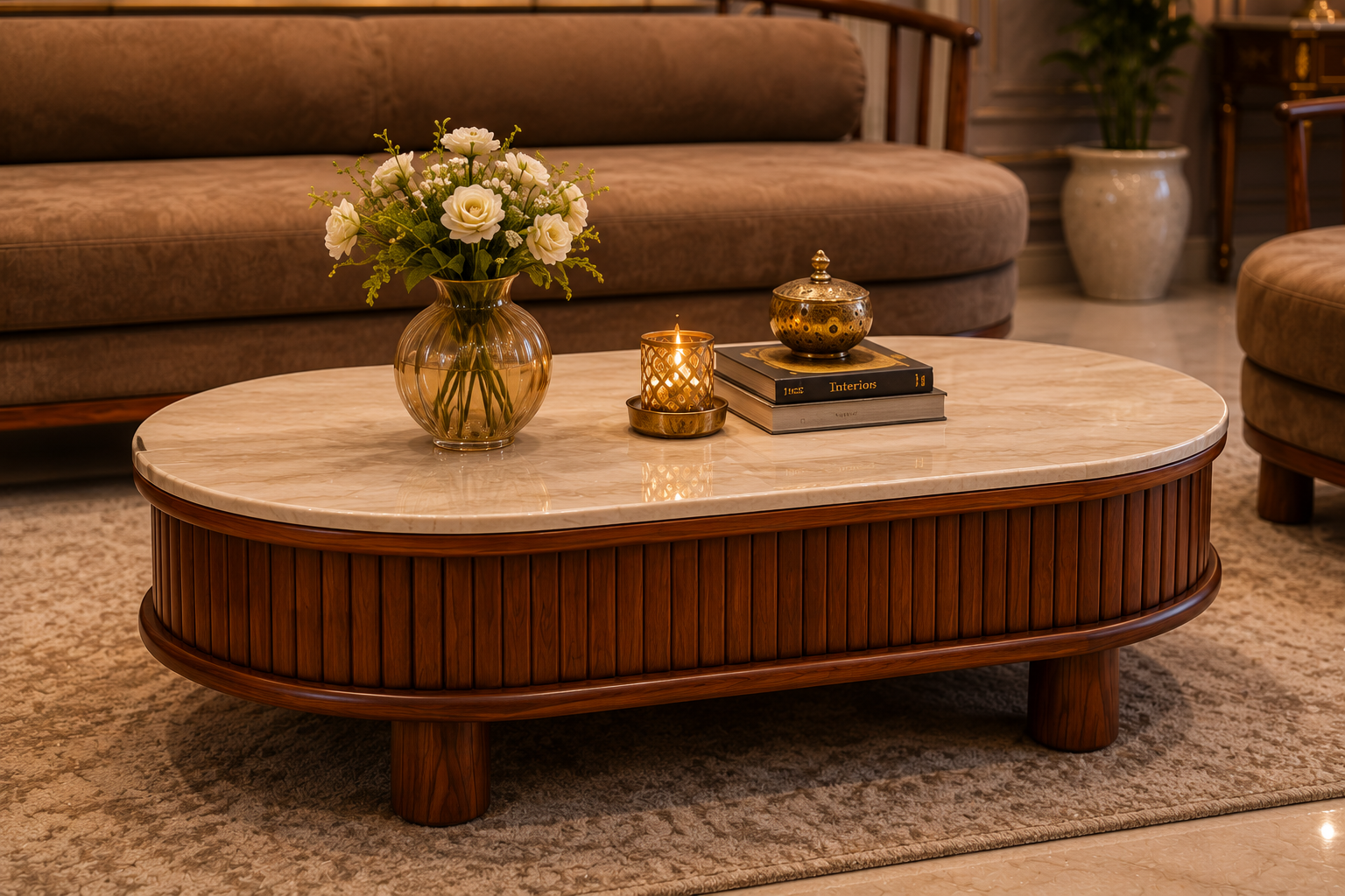 Luxury Teakwood Curved Sofa Set with Center Table
