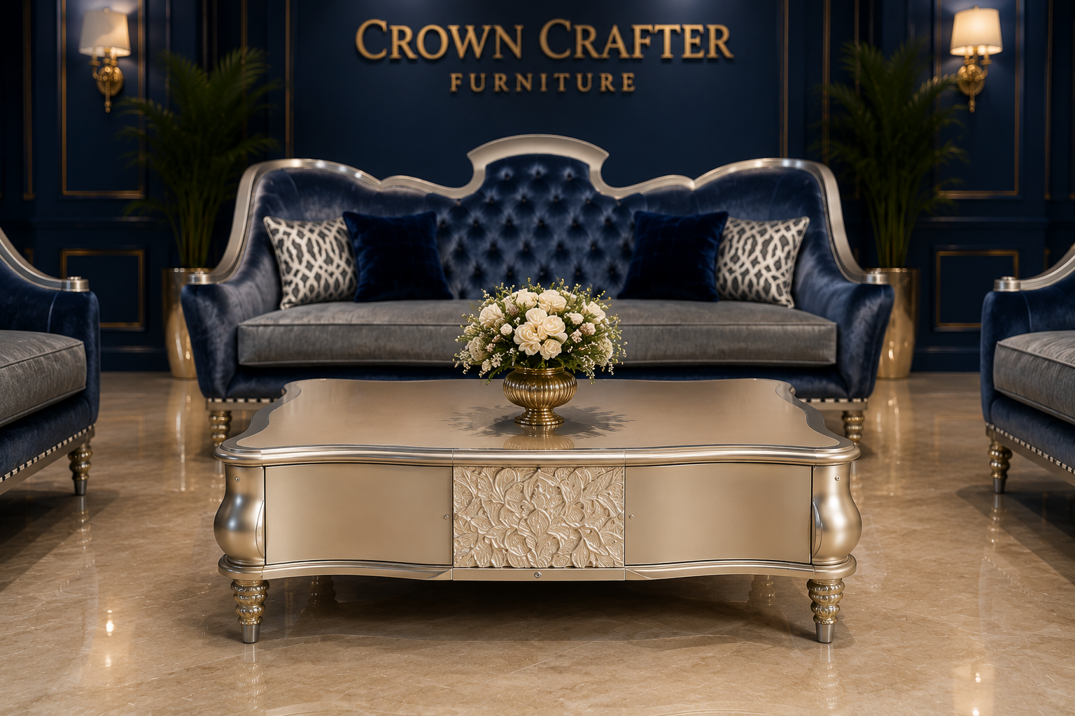 Royal Blue Velvet Luxury Sofa Set with Silver Finish
