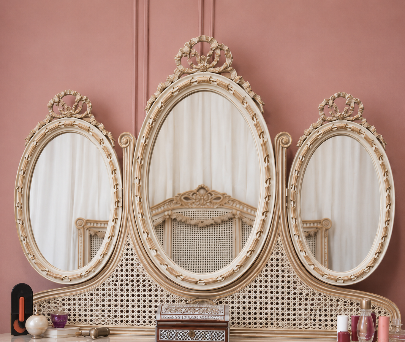 Modern Cane Dressing Table with Triple Oval Mirror