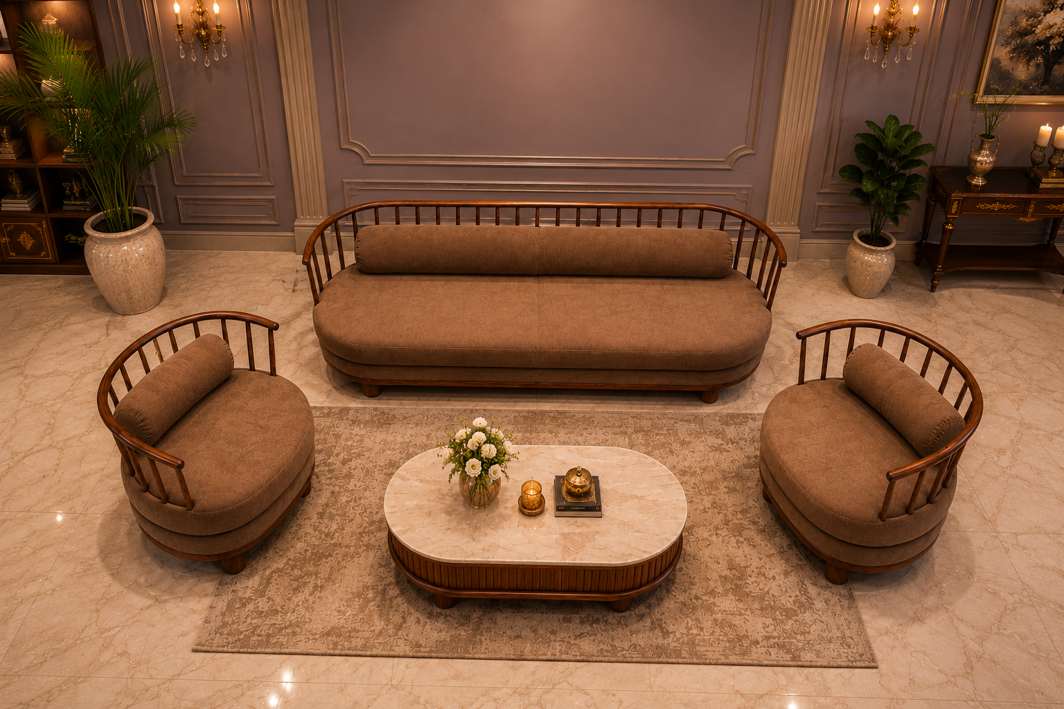 Luxury Teakwood Curved Sofa Set with Center Table