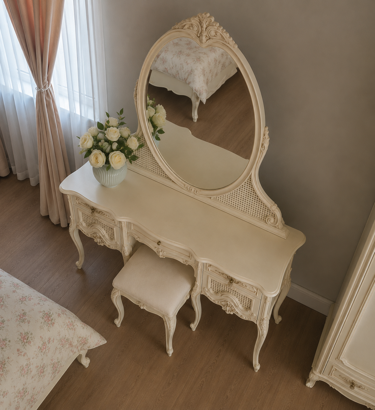 Modern Ivory Elegance Dressing Table with Oval Mirror
