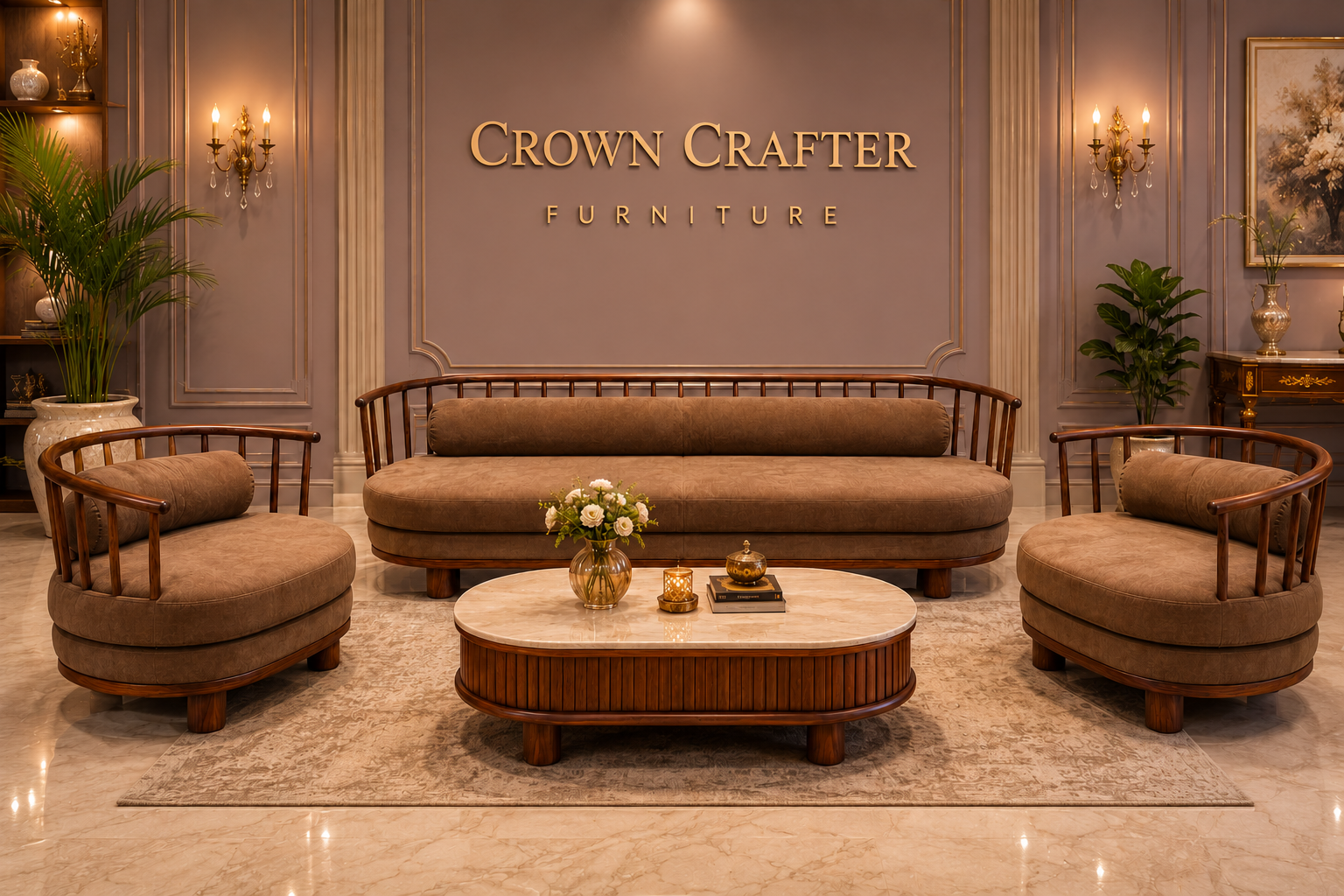 Luxury Teakwood Curved Sofa Set with Center Table