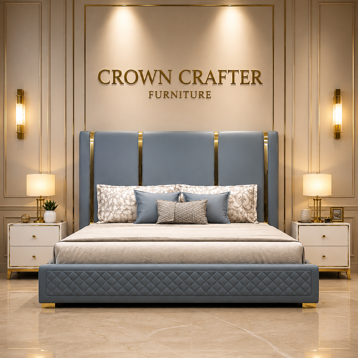  Modern Upholstered Bed with Gold Accents