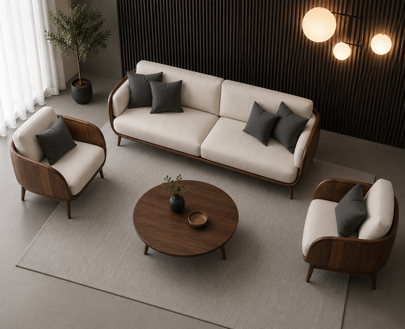 Modern Walnut Wood Sofa Set 
