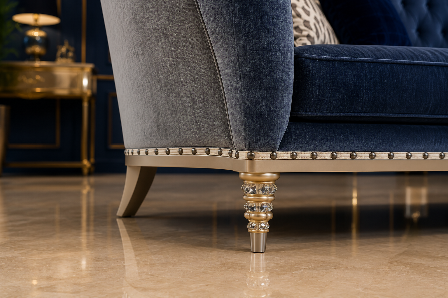 Royal Blue Velvet Luxury Sofa Set with Silver Finish