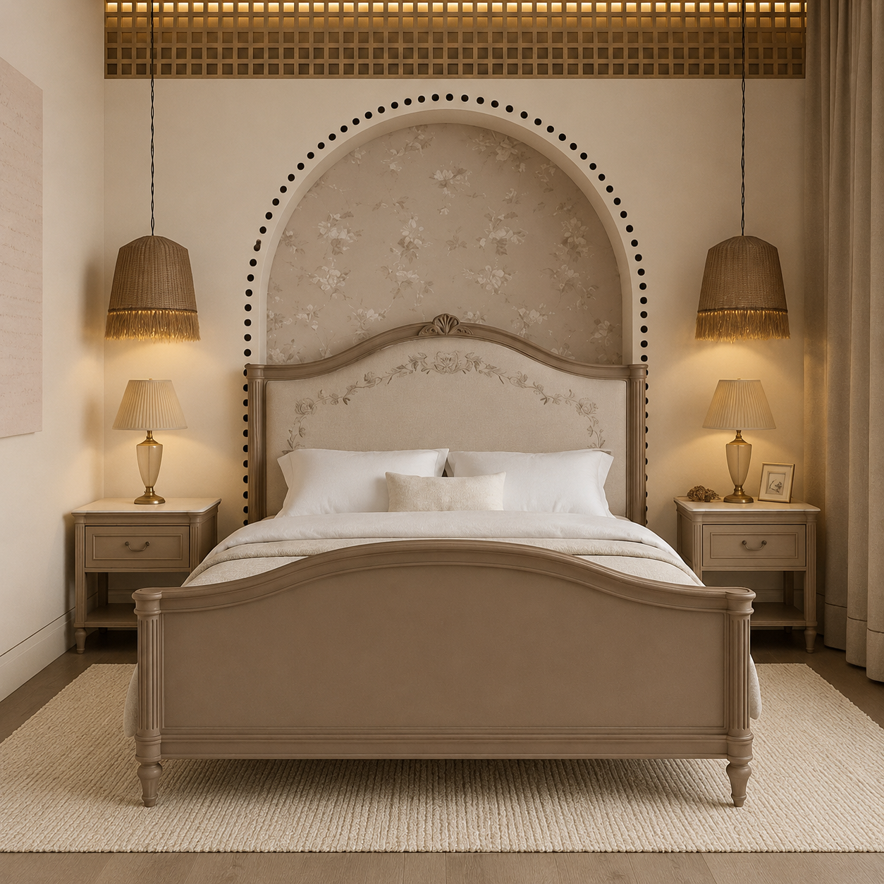 Modern Curved Upholstered Bed with Soft Wood Finish