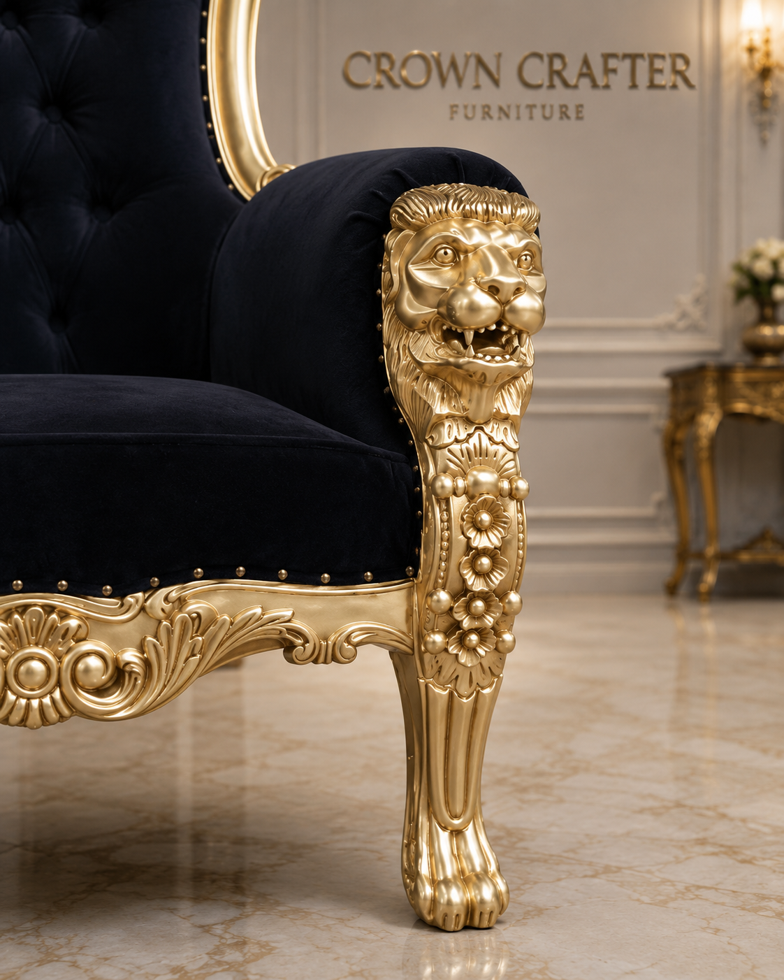Royal Lion Throne Chair – Luxury Hand-Carved Teakwood Accent Chair