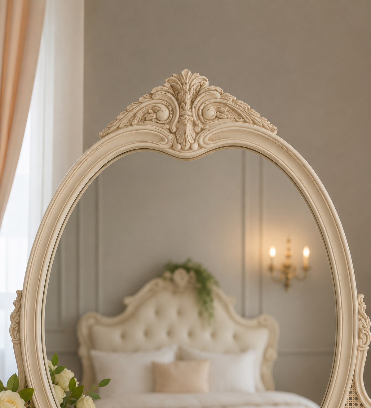 Modern Ivory Elegance Dressing Table with Oval Mirror