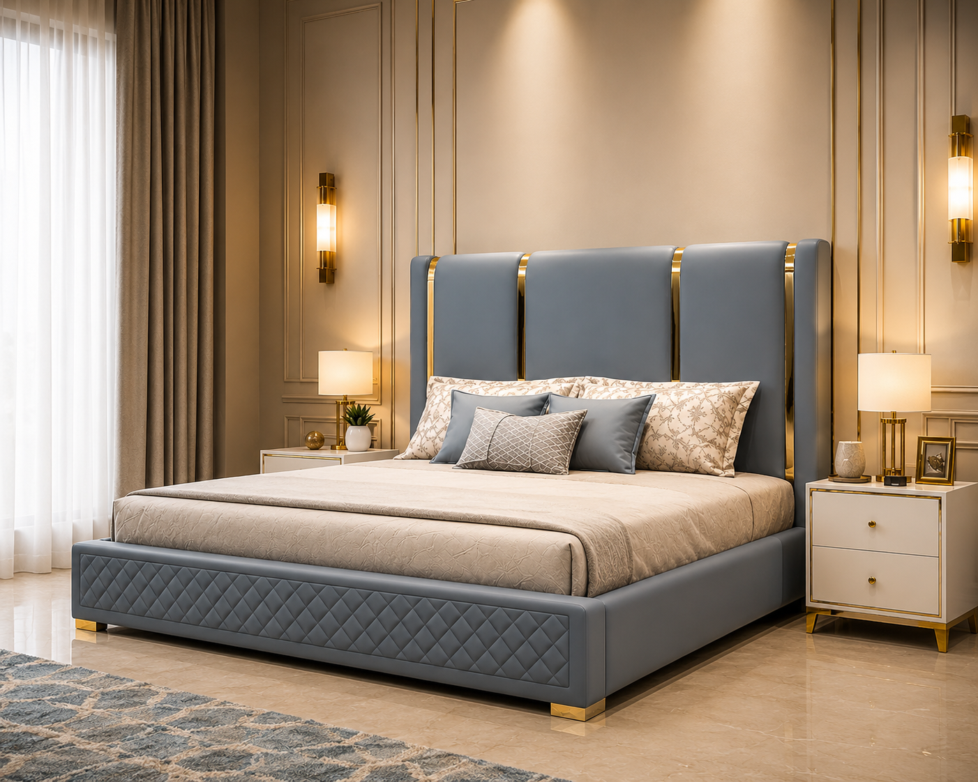  Modern Upholstered Bed with Gold Accents