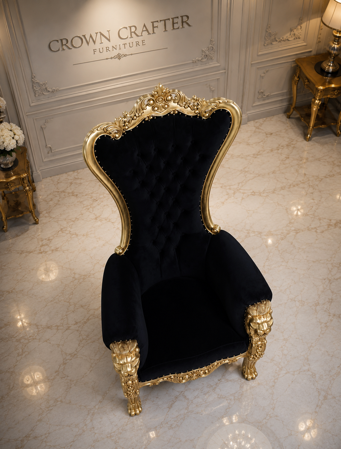 Royal Lion Throne Chair – Luxury Hand-Carved Teakwood Accent Chair
