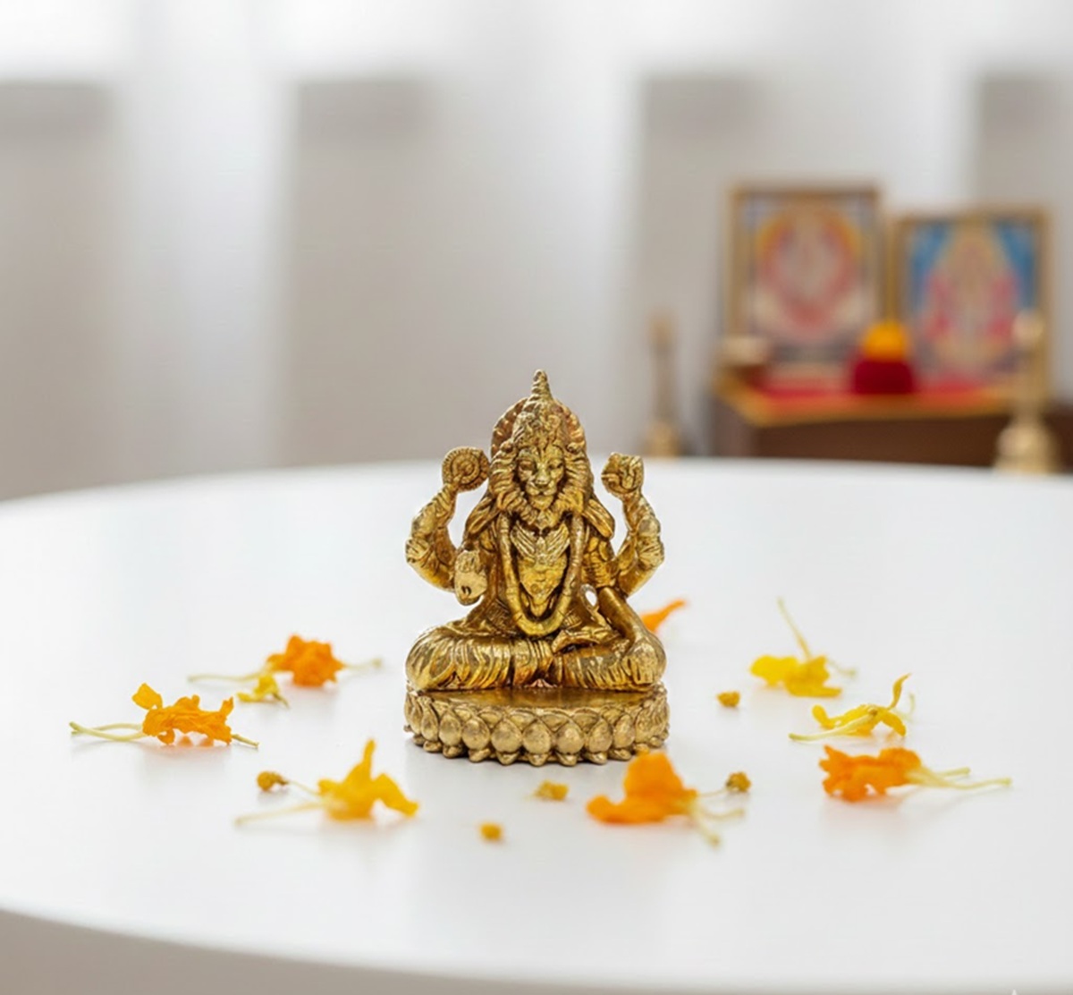 Brass Lord Narasimha Vishnu Avatar Statue - 4-Armed Lion God Spiritual Decor