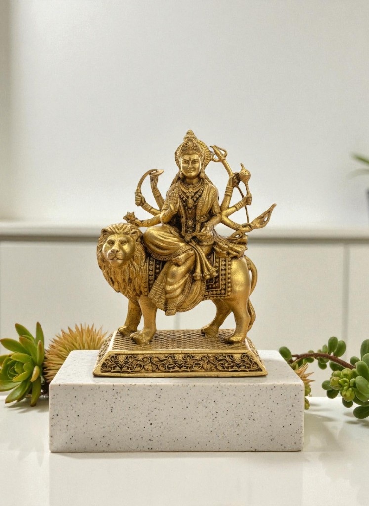 Durga Maa Idol with Lion Mount, Traditional Hindu Goddess Statue, Religious Handicraft Showpiece, Gold Finish