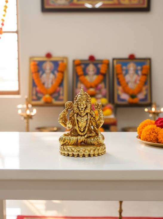 Brass Lord Narasimha Vishnu Avatar Statue - 4-Armed Lion God Spiritual Decor 