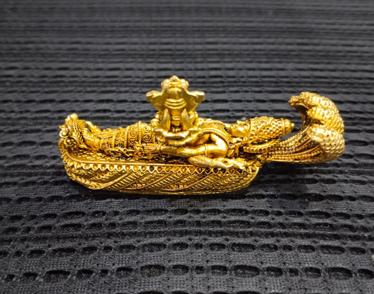 Golden Lord Vishnu Reclining on Sheshnaag Statue with Lord Brahma - 8 cm