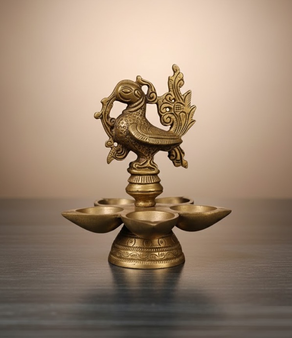 Traditional Brass Bird Design Diya Lamp with Stand 13 cm, Gold, 5-Cup Oil Lamp