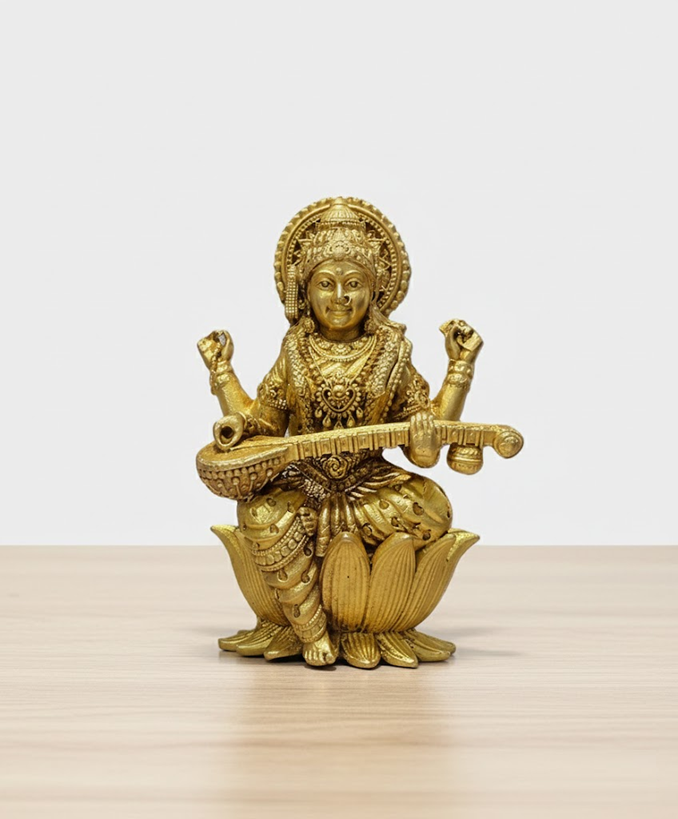 Saraswati Ji Brass Idol – 8 cm Goddess Statue Sitting on Lotus for Puja & Study Room