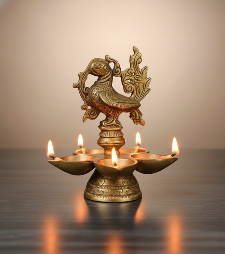 Traditional Brass Bird Design Diya Lamp with Stand 13 cm, Gold, 5-Cup Oil Lamp
