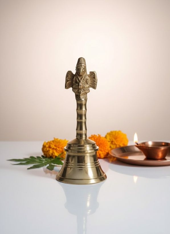 Brass made Ghanti for Pooja | Traditional Temple Ghanti with Intricate Garuda Design - 15 cm