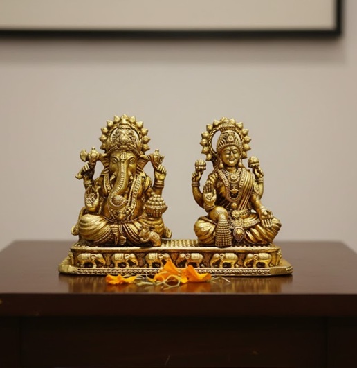 Brass Ganesh Lakshmi Statue, Hindu Deity Figurine, Gold Finish, Religious Home Decor