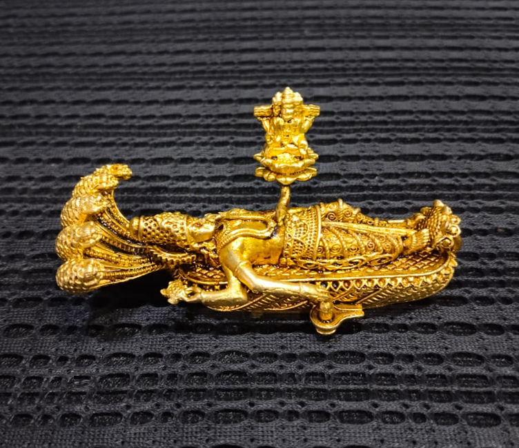 Golden Lord Vishnu Reclining on Sheshnaag Statue with Lord Brahma - 8 cm