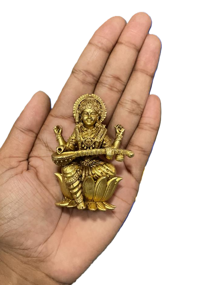 Saraswati Ji Brass Idol – 8 cm Goddess Statue Sitting on Lotus for Puja & Study Room