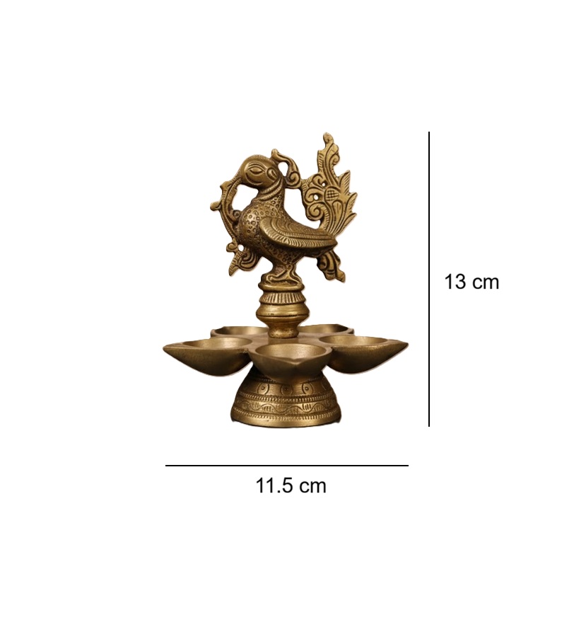 Traditional Brass Bird Design Diya Lamp with Stand 13 cm, Gold, 5-Cup Oil Lamp