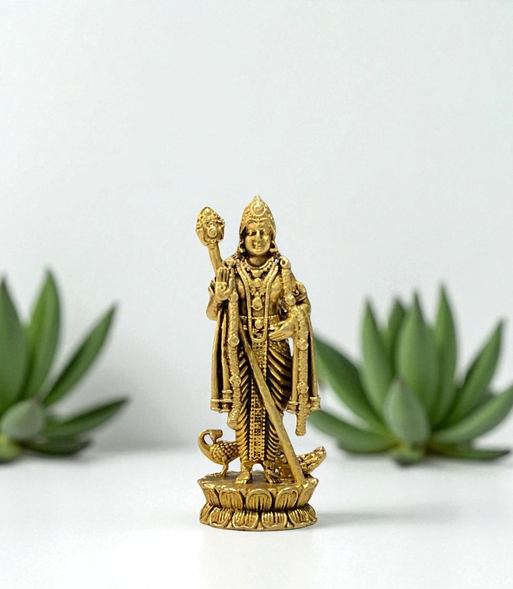Brass Lord Murugan Idol – Kartikeya Subramanya Statue for Puja | Mini Brass Murugan Statue