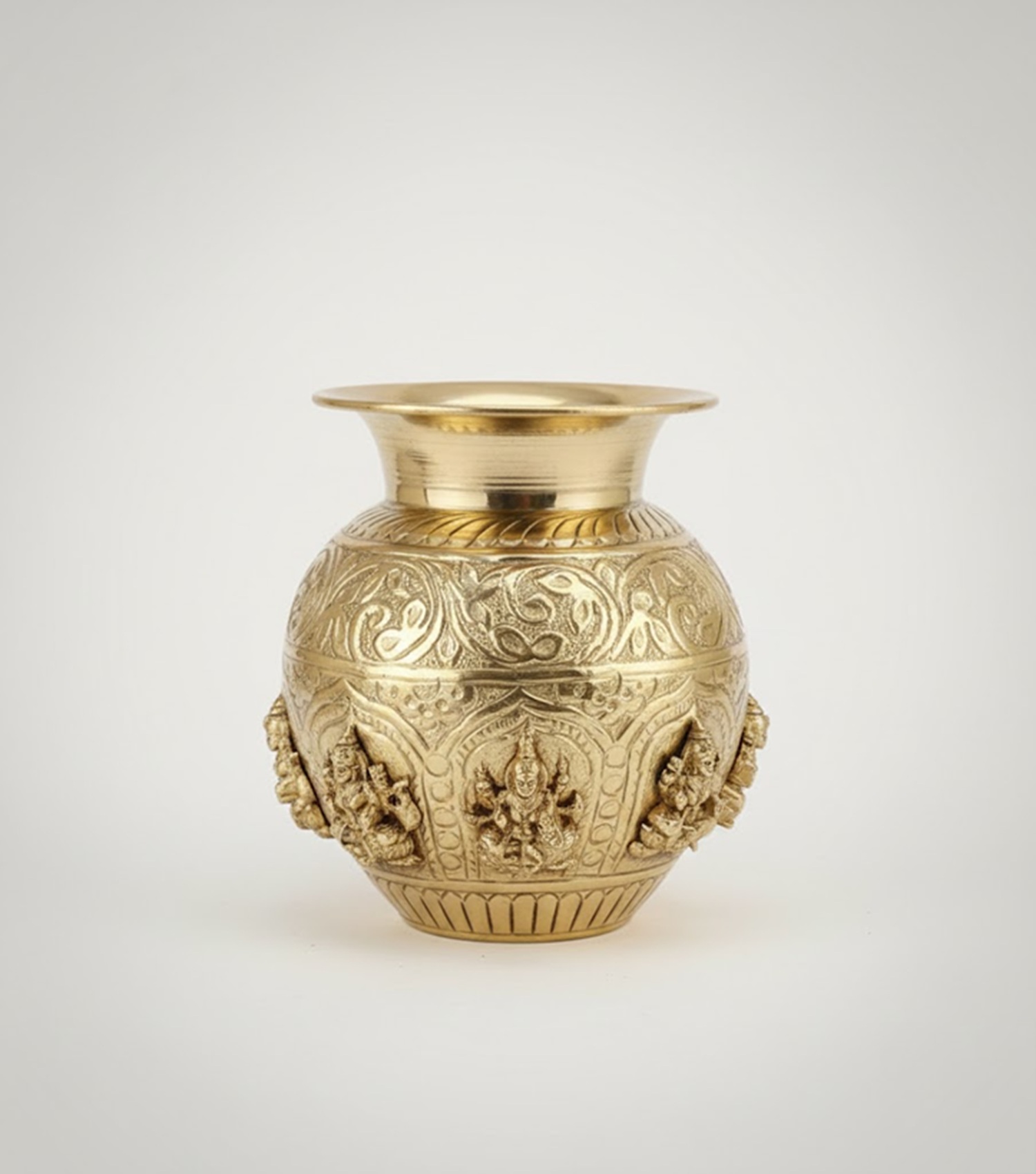 Handcrafted Brass Kalash with Deity Motifs, Traditional Pooja Vessel, Antique Gold Finish