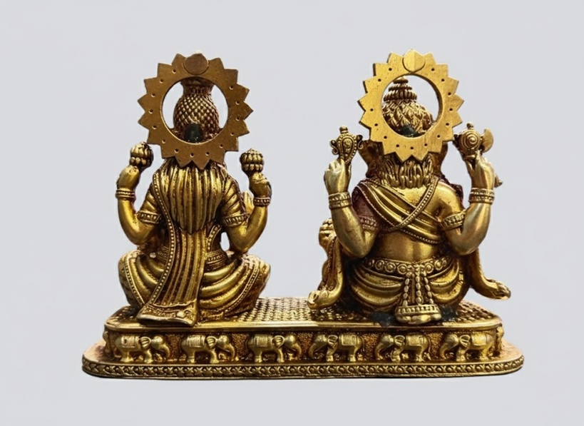 Brass Ganesh Lakshmi Statue, Hindu Deity Figurine, Gold Finish, Religious Home Decor
