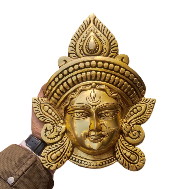 Brass Durga Maa Face Wall Hanging, Traditional Brass Durga Maa Mukh Wall Hanging - 24 cm