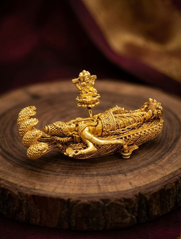 Golden Lord Vishnu Reclining on Sheshnaag Statue with Lord Brahma - 8 cm
