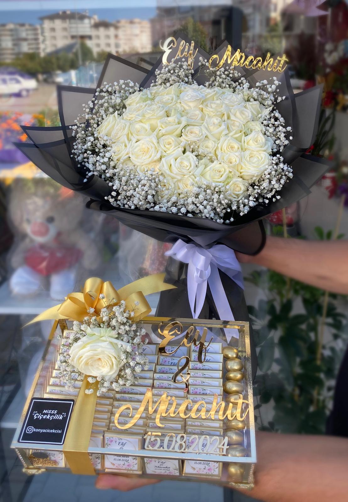 Beyaz 41'Li Gül Buketi ve Çikolatası