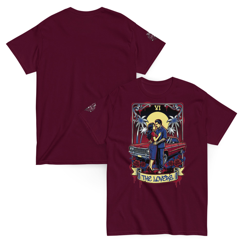 The Lovers Tarot Tee, Cholo Chola Lowrider Shirt, Chicano Couples T-Shirt, Candy Red Impala Graphic Tee, Chicano Love Gift Shirt