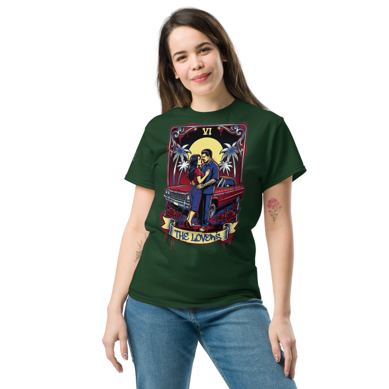 The Lovers Tarot Tee, Cholo Chola Lowrider Shirt, Chicano Couples T-Shirt, Candy Red Impala Graphic Tee, Chicano Love Gift Shirt