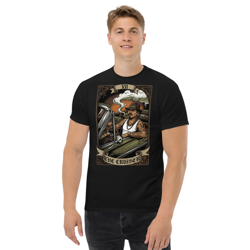 The Cruiser Tarot Tee, Cholo Lowrider Shirt, Chicano Streetwear Graphic Tee, Pachuco Fedora T-Shirt, Vintage Lowrider Culture Gift