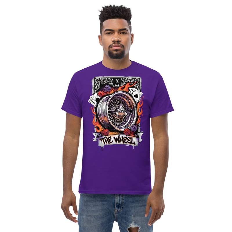 The Wheel Tarot Tee, Wheel of Fortune Lowrider Shirt, Chrome Spoke Graphic T-Shirt, Chicano Dice Cards Tee, Lucky Lowrider Gift