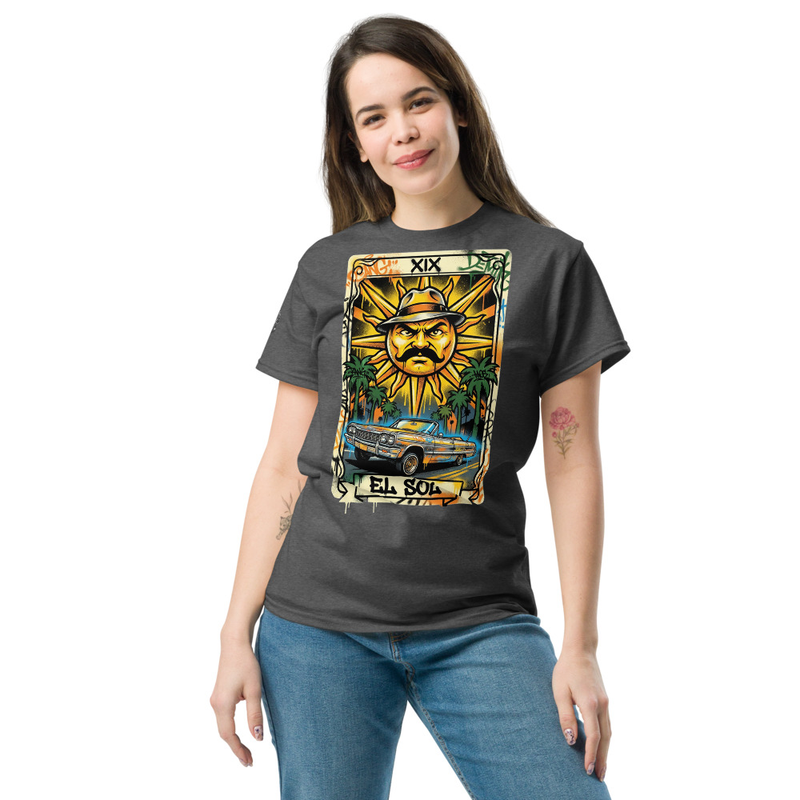  El Sol Tarot Tee, Pachuco Sun Lowrider Shirt, Chicano Sun Graphic T-Shirt, Cruising Boulevard Tee, Latino Streetwear Gift Shirt