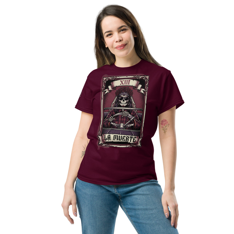 La Muerte Tarot Tee, Sugar Skull Catrina Shirt, Chicano Day of the Dead T-Shirt, Lowrider Death Card, Dia de los Muertos Graphic Tee