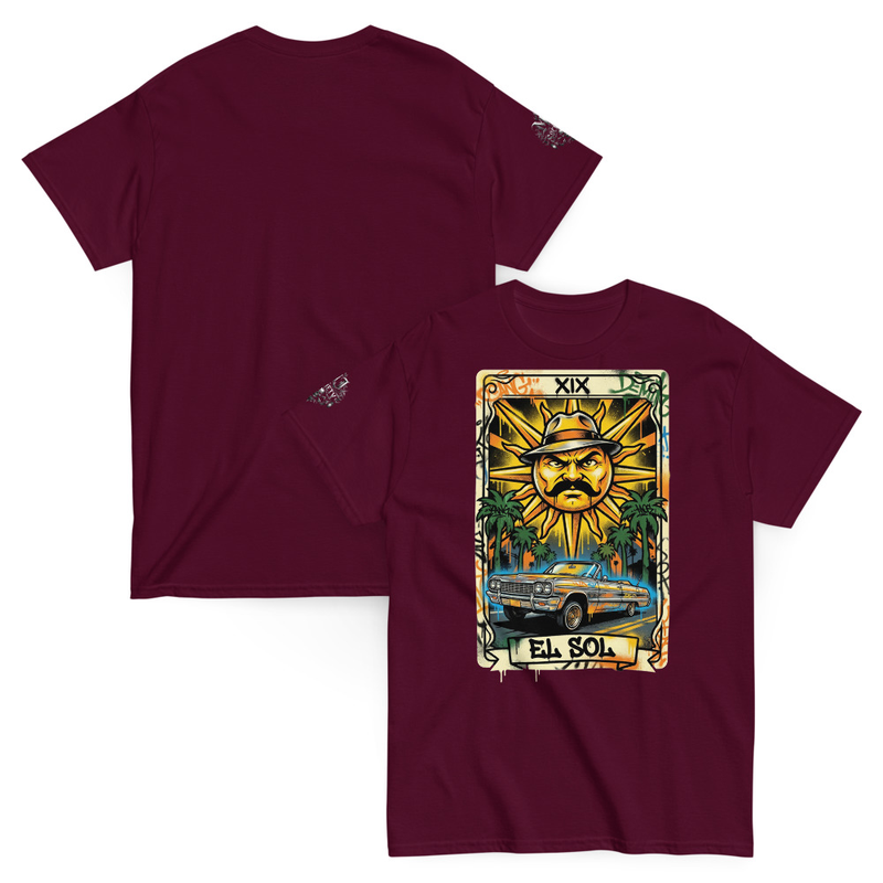  El Sol Tarot Tee, Pachuco Sun Lowrider Shirt, Chicano Sun Graphic T-Shirt, Cruising Boulevard Tee, Latino Streetwear Gift Shirt