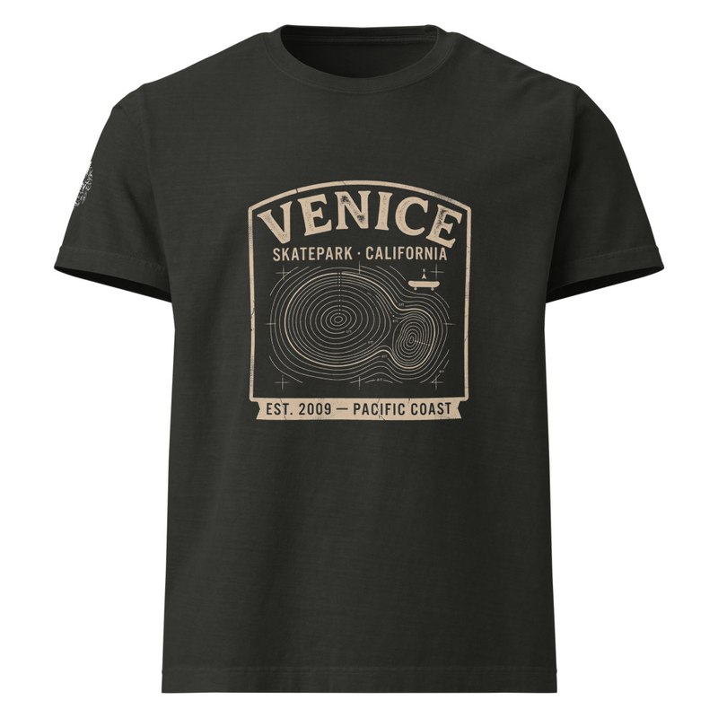 Venice Skatepark Oversized T‑Shirt – California Topo Bowl Tee – Vintage Elevation Map Skate Spot Shirt