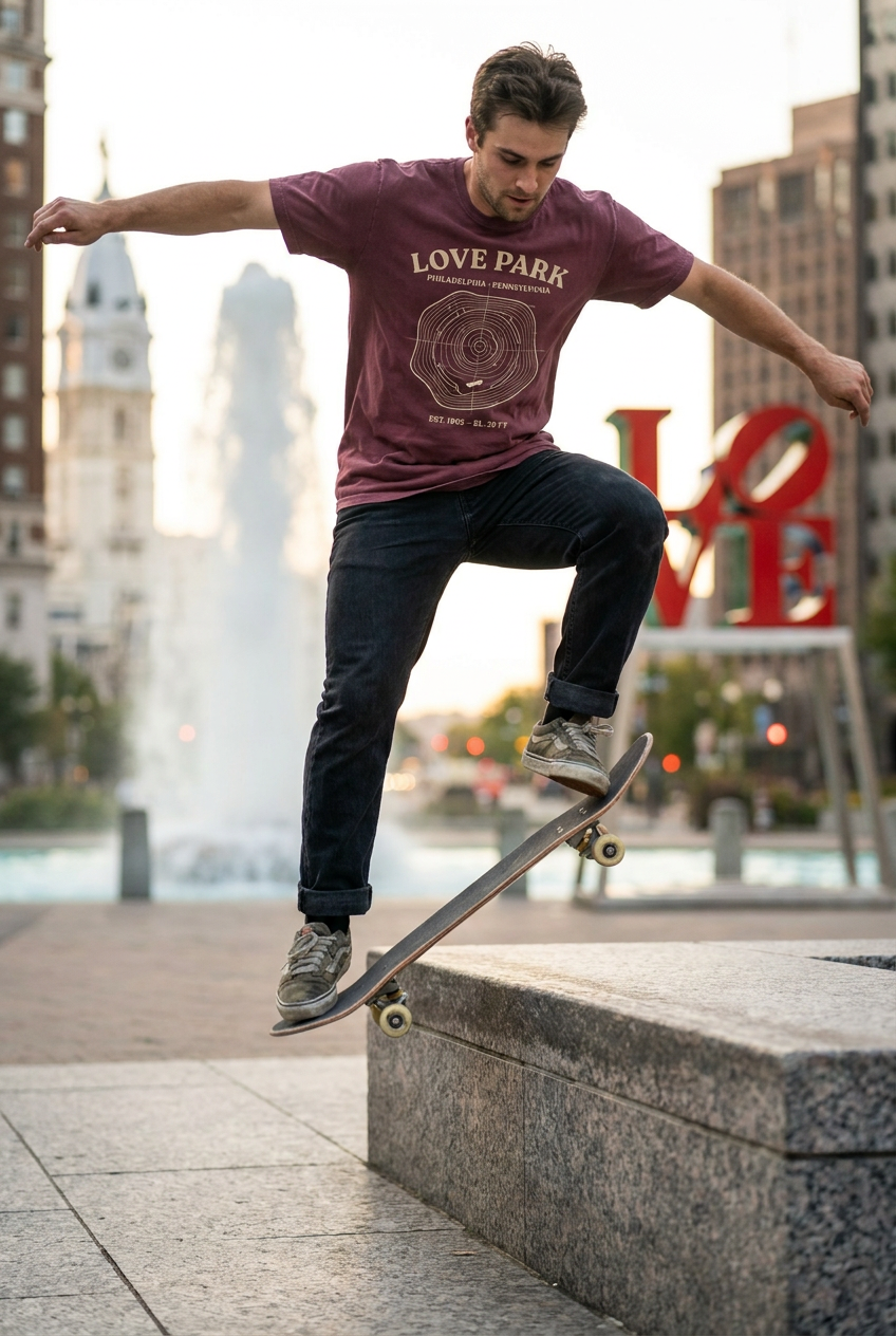 Love Park Philadelphia Oversized T‑Shirt – Vintage Topo Skate Map Tee – Granite Ledges Elevation Shirt