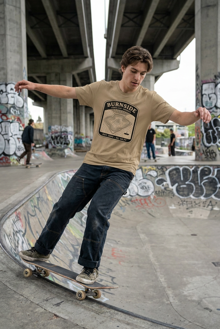 Burnside Portland Oversized T‑Shirt – DIY Skatepark Topo Tee – Under‑Bridge Bowl Elevation Map Shirt