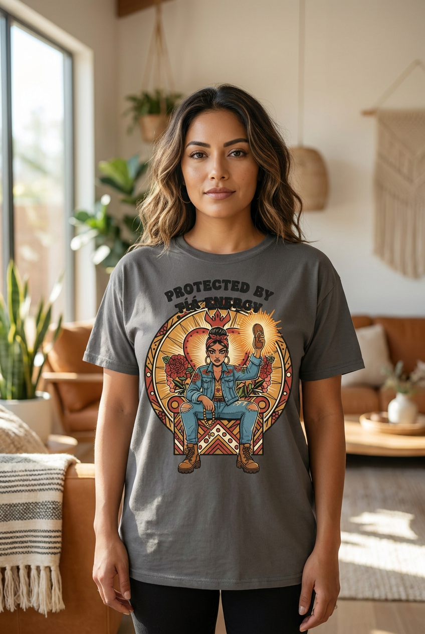 Protected by Tia Energy Shirt, Funny Latina Tee, Chicana Folk Art Graphic, Sacred Chancla Design, Latina Gift for Her